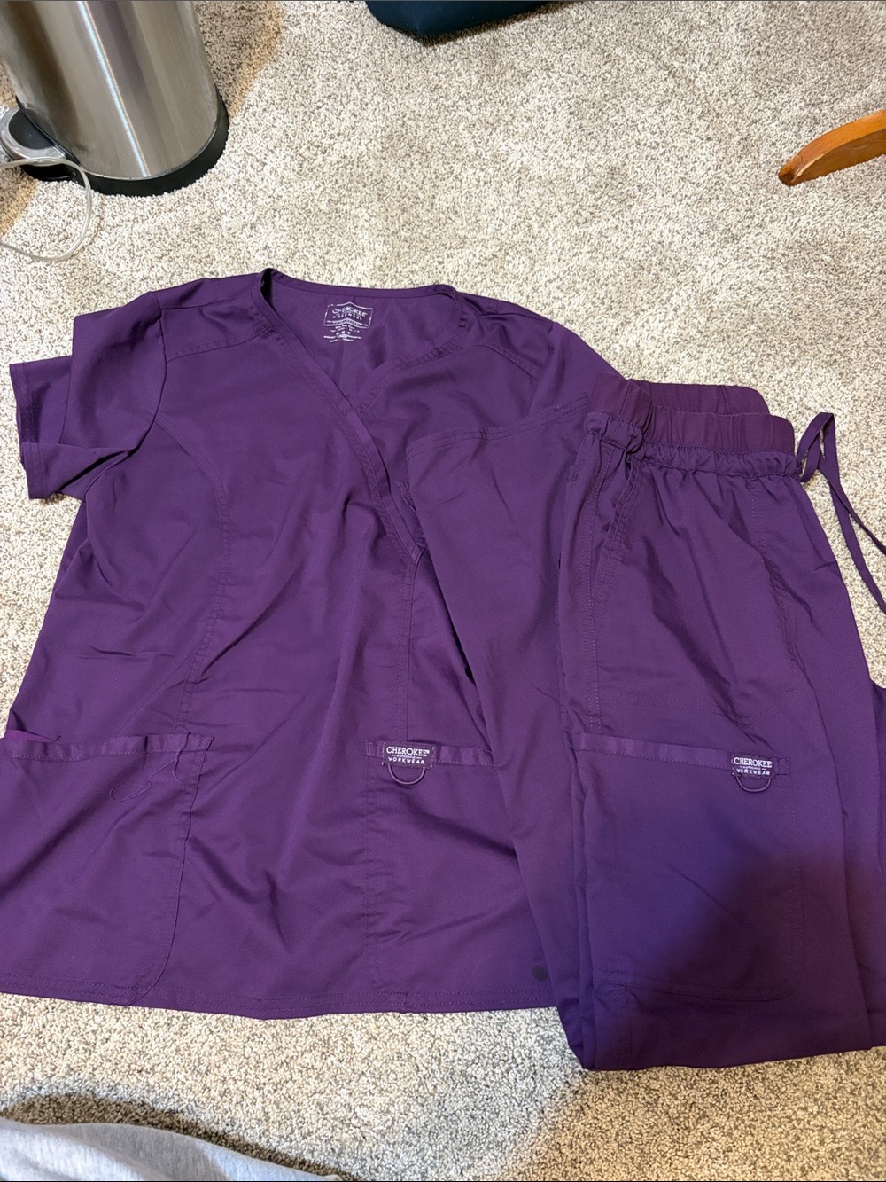 Cherokee Purple V-Neck Scrub Set - Top & Drawstring Pants